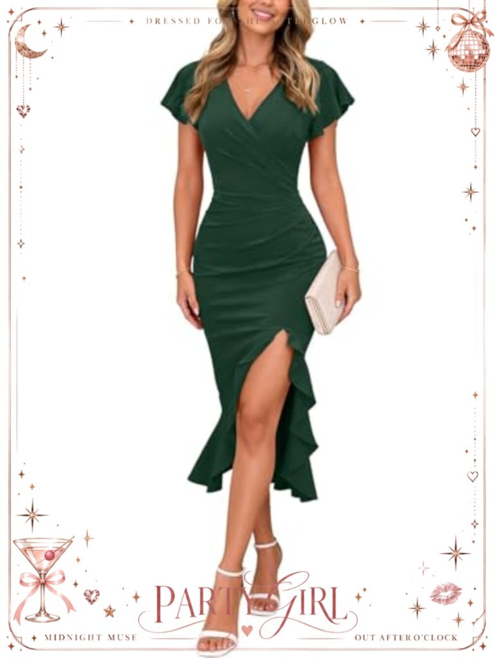 Womens V Neck Ruffle Sleeve Faux Wrap Ruched Bodycon Midi Cocktail Party Dress